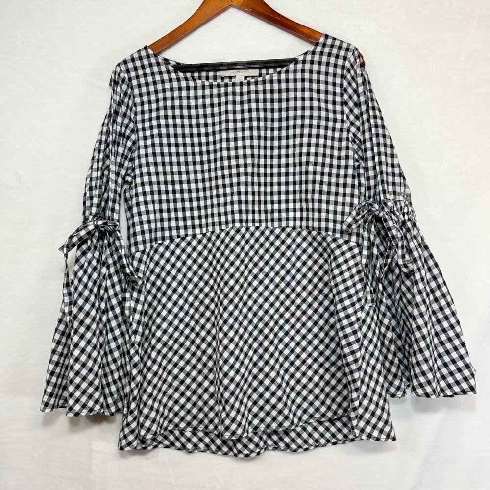 Ann Taylor Loft S Gingham Plaid Tied Bell Sleeve Top Picnic Cottage Prairie Cute